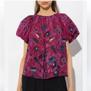ULLA JOHNSON Pink Floral Flo Top Blouse Size 0 Puff Sleeve Tie Batik‎ Snapdragon